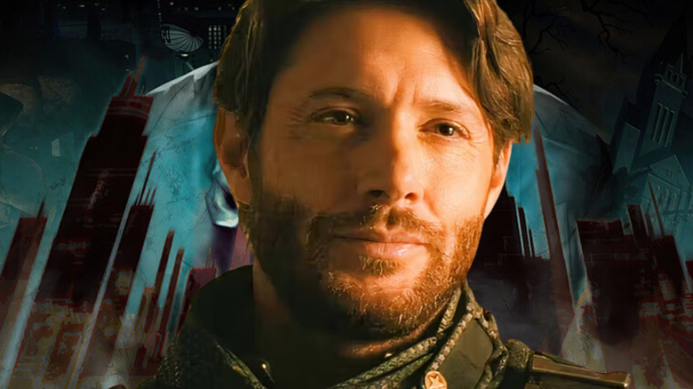 Jensen Ackles as Soldier Boy against a Batman: Under The Red Hood poster background