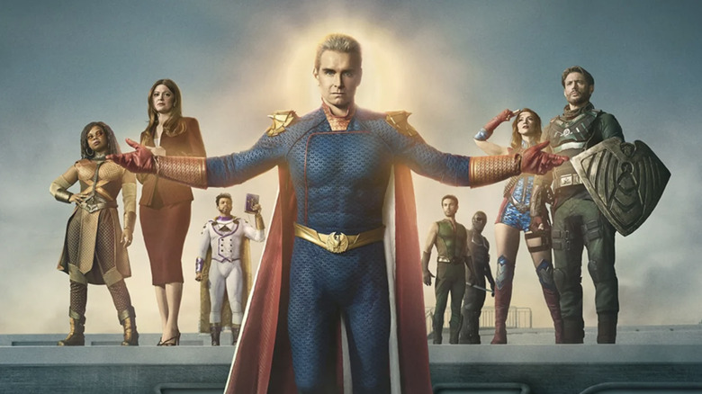 The Boys season 5 poster - Sister Sage, Ashley, Oh-Father, Homelander, The Deep, Black Noir, Firecracker, and Soldier Boy