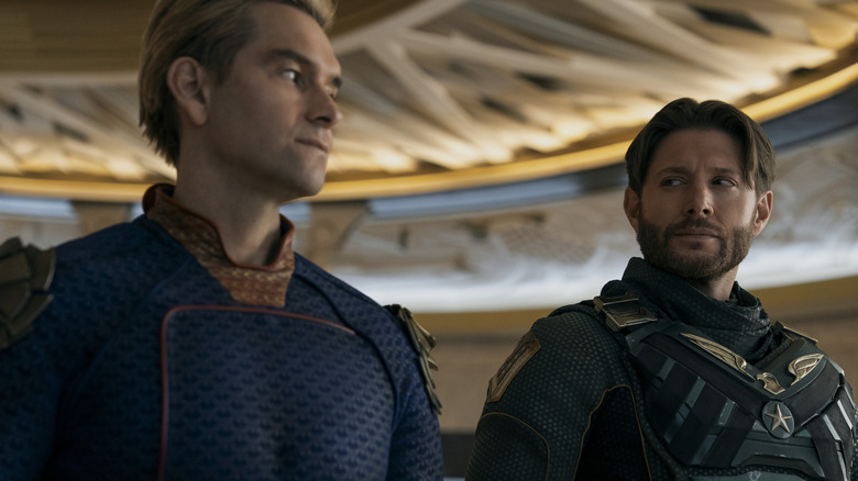 Homelander (Antony Starr) standing next to Soldier Boy (Jensen Ackles) on 