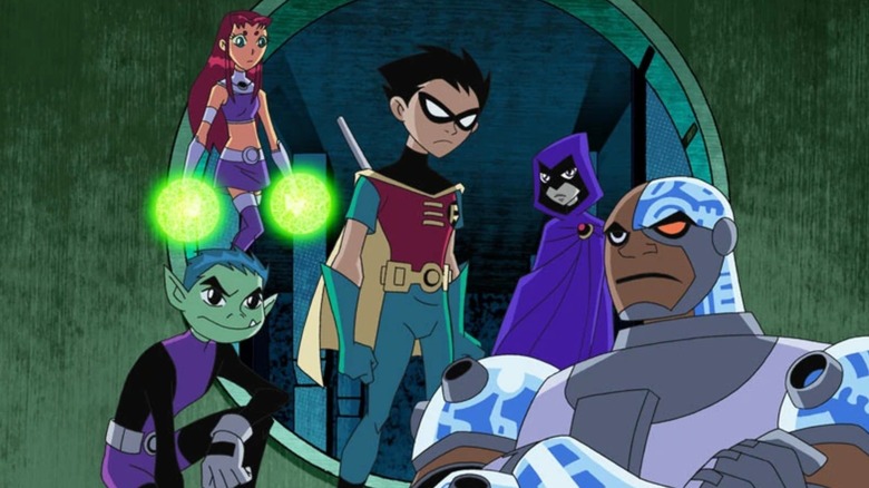 Teen Titans (2003) group shot - Beast Boy, Starfire, Robin, Raven, Cyborg