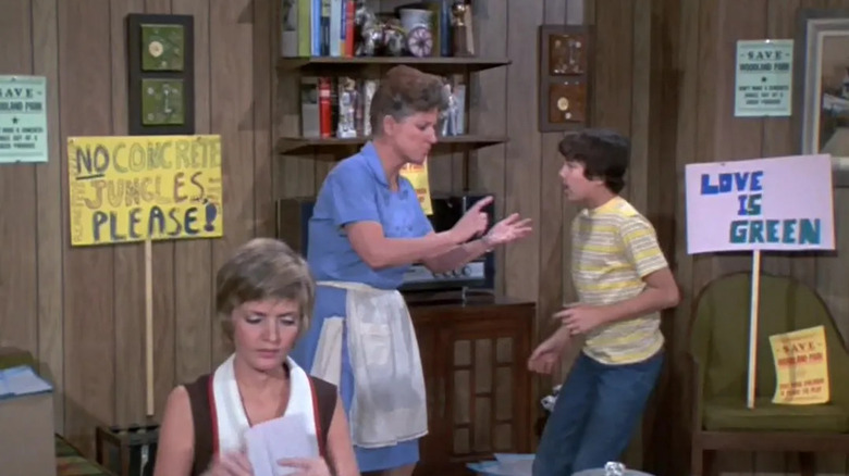 Alice, Carol, and Peter making protest signs in The Brady Bunch