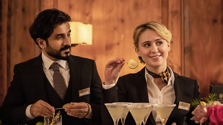 The staff: The Bubble. (L to R) Vir Das as Ronjon, Maria Bakalova as Anika in The Bubble.