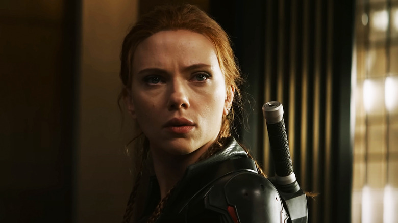 Scarlett Johansson's Natasha Romanoff looks worried in closeup in Black Widow
