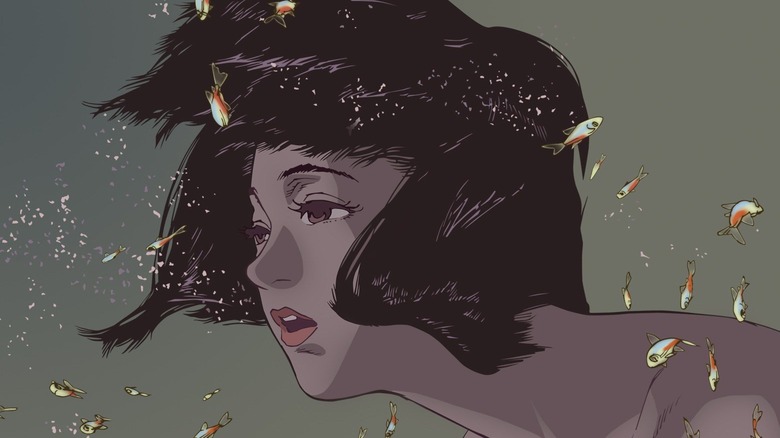 Mima surrounded by floating fish in Perfect Blue