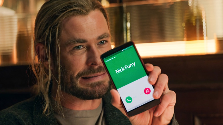 Thor gets a call from Nick Furry in Thor Love and Thunder