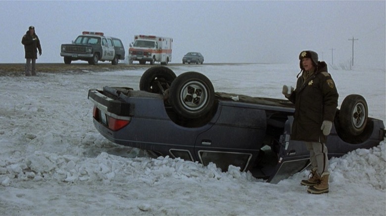 Frances McDormand's Marge Gunderson examines a crime scene in Fargo