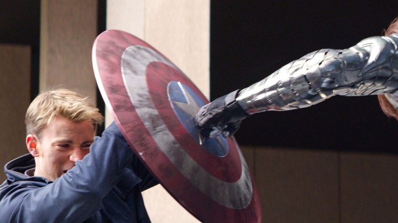 The Winter Soldier punches Captain America's shield in "Captain America: The Winter Soldier"