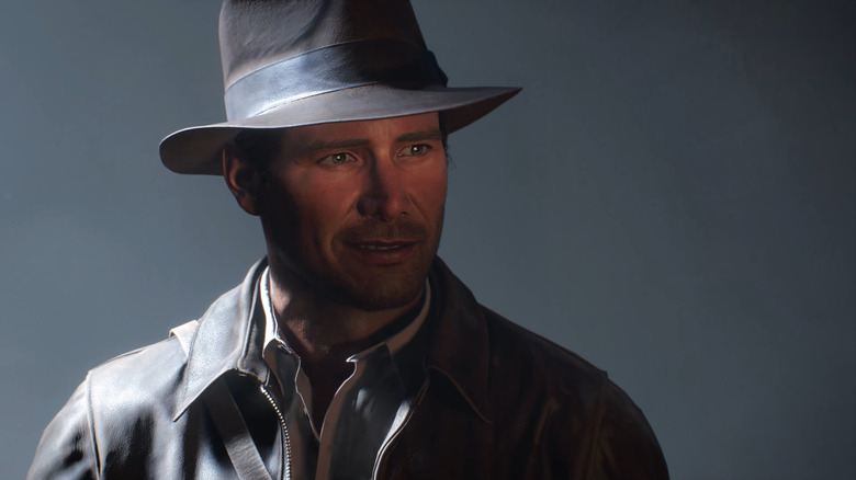 Harrison Ford's likeness as Indiana Jones in shadows in The Great Circle