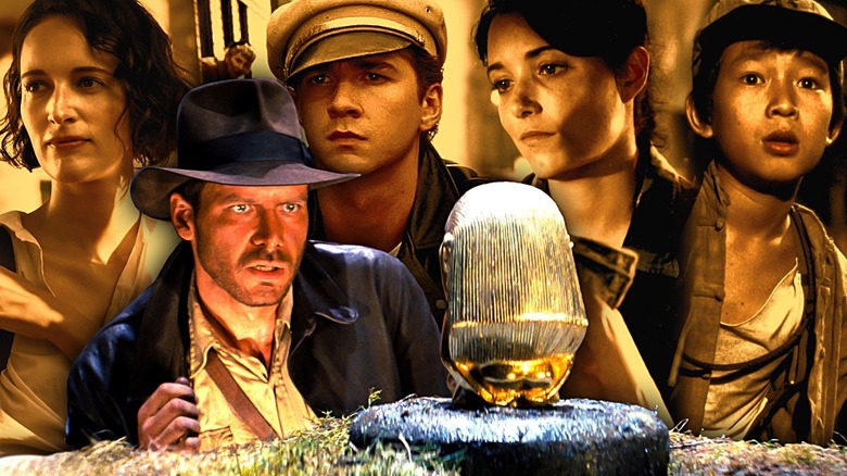 Harrison Ford as Indiana Jones staring at the golden idol, with images behind him of Phoebe Waller-Bridge as Helena Shaw, Shia Labeouf as Mutt Williams, Karen Allen as Marion Ravenwood, and Ke Huy Quan as Short Round