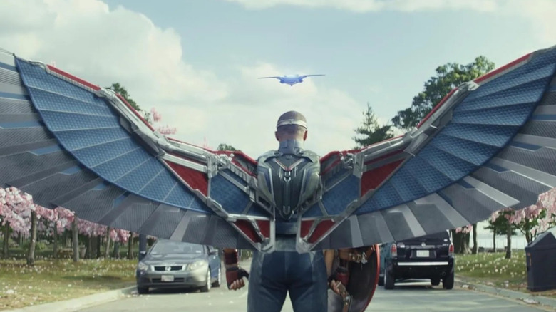 The new Captain America, wearing mechanical wings, about to take off and do some action in Captain America: Brave New World