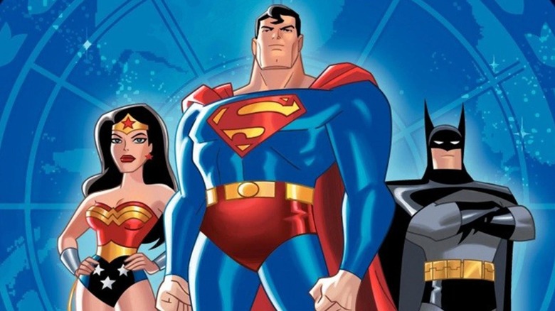 Wonder Woman, Superman, and Batman on the poster for the 2001 animated Justice League movie