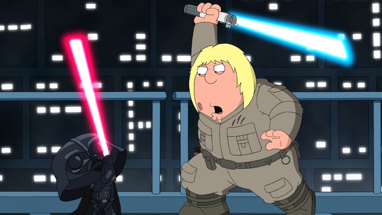 Stewie and Chris fighting with light sabers in Something, Something, Something, Dark Side