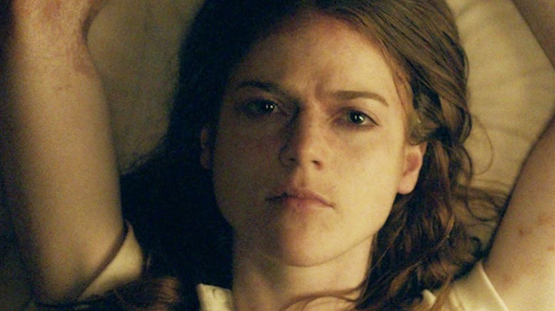 Rose Leslie tied to the bed in Honeymoon