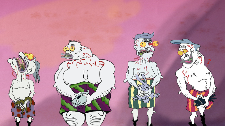 The Brothers Grunt, all lined up, wearing no shirts and holding small animals, from The Brother's Grunt.