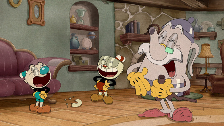 Cuphead, Mugman, and Elder Kettle in The Cuphead Show!