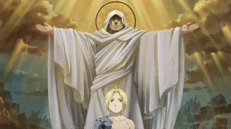 Fullmetal Alchemist Brotherhood Ed behind mural of Father