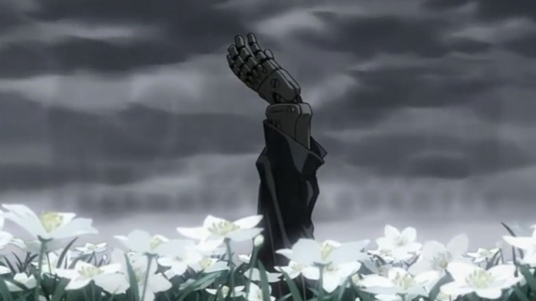 Fullmetal Alchemist Brotherhood Ed metal arm reaching to sky flowers