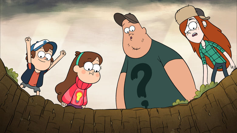 Gravity Falls, Mabel, Stan and Dipper watching TV