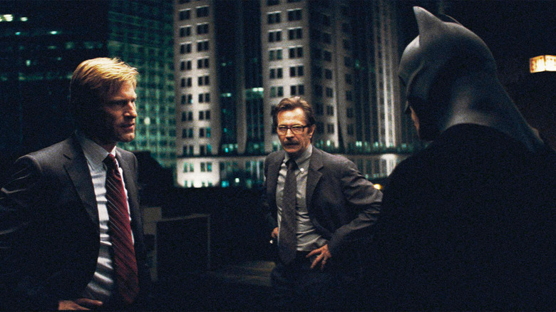 Aaron Eckhart, Gary Oldman and Christian Bale in The Dark Knight