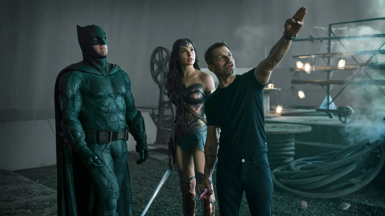 Zack Snyder with Ben Affleck and Gal Godot on the set of Justice League 