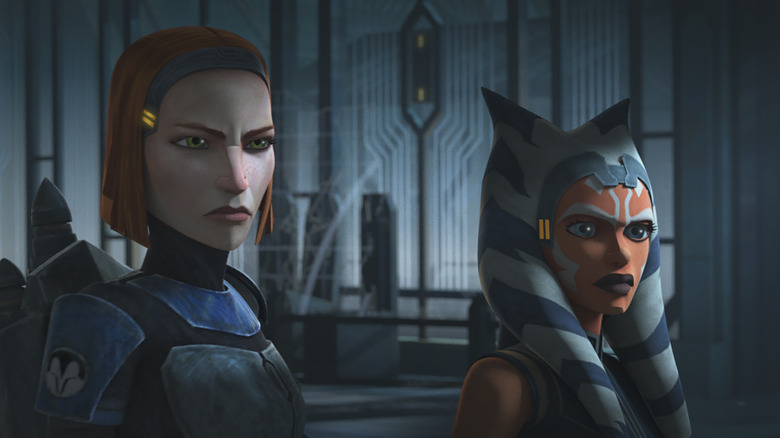 Bo-Katan and Ahsoka Tano glaring at Maul in Clone Wars