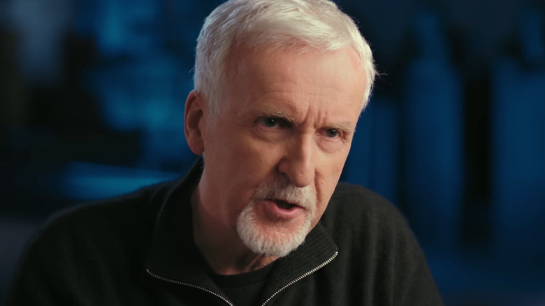 James Cameron sitting down for an interview in Fire and Water: The Making of the Avatar Films