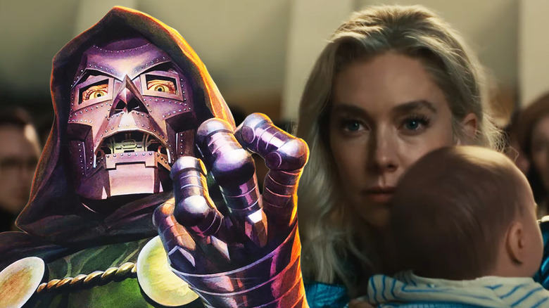Doctor Doom drawn by Alex Ross composited over image of Vanessa Kirby as Sue Storm holding her baby son Franklin Richards