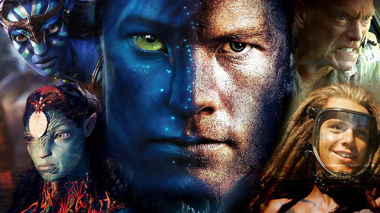 Zoe Saldana as Neytiri, Kate Winslet as Ronal, Sam Worthington as Jake Sully, Stephen Lang as Miles Quaritch, and Jack Champion as Spider