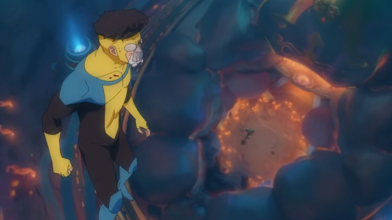 Invincible hovers above an Atlantean colosseum in Invincible