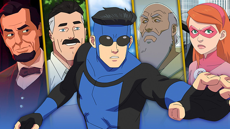 Early version of the immortal (either caveman or Abe Lincoln version, from season 1, episode 7), Young Nolan Grayson (from season 1, episode 8), Black/Blue Suit Mark Grayson, Thaedus, and Young Atom Eve (from the Atom Eve Special), all from Invincible
