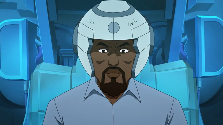 Angstrom Levy sitting in a chair with helmet on in Invincible