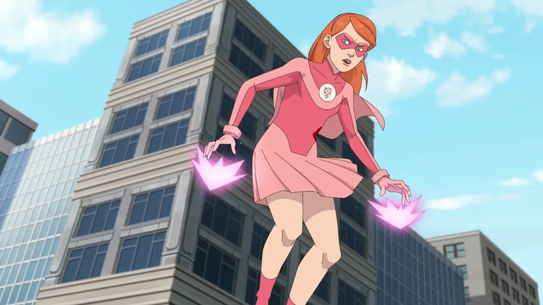 Young Atom Eve hovering around in a city in Invincible