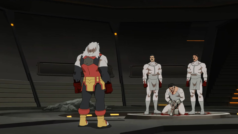 Battle Beast stands in front of an imprisoned Nolan Grayson and two viltrumite executioners in Invincible
