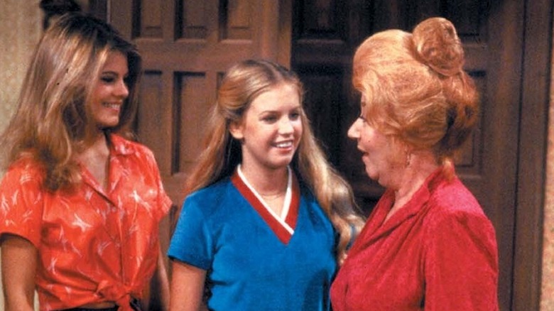 Julie Piekarski and Charlotte Rae as Sue Ann Weaver and Edna Garrett laughing together on "The Facts of Life"