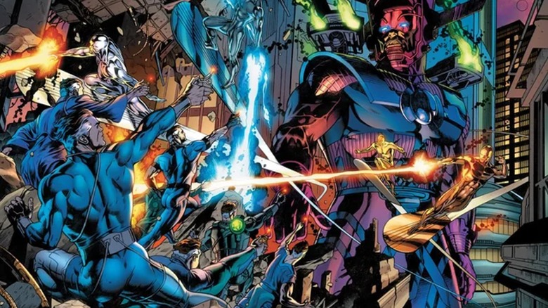 Galactus facing off against the Council of Reeds in the Marvel comics