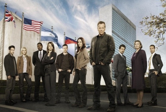 24 Cast L-R: John Boyd, Katee Sackhoff, Mykelti Williamson, Mary  Lynn Rajskub, Freddie Prinze, Jr., Annie Wersching, Kiefer Sutherland,  Anil Kapoor, Cherry Jones and Chris Diamantopoulos.