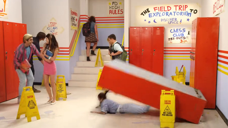 Ellen Wroe about to be crushed by lockers in New Romance