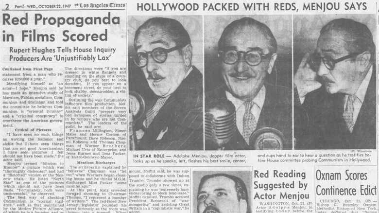 Page 2 of the LA Times, Wednesday, October 22, 1947, covering HUAC hearings about communism in Hollywood