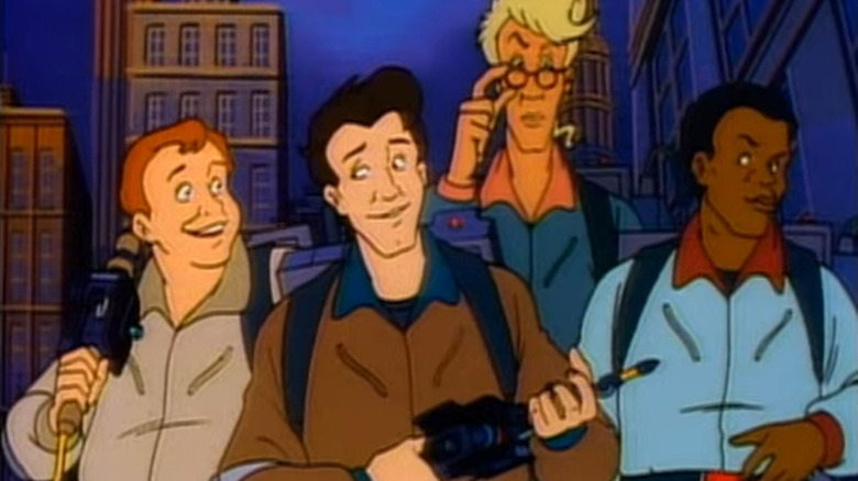 Ray, Peter, Egon, and Winston standing in a row on The Real Ghostbusters