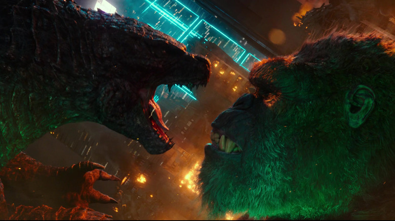 Godzilla roaring at Kong during the Tokyo battle in Godzilla vs. Kong