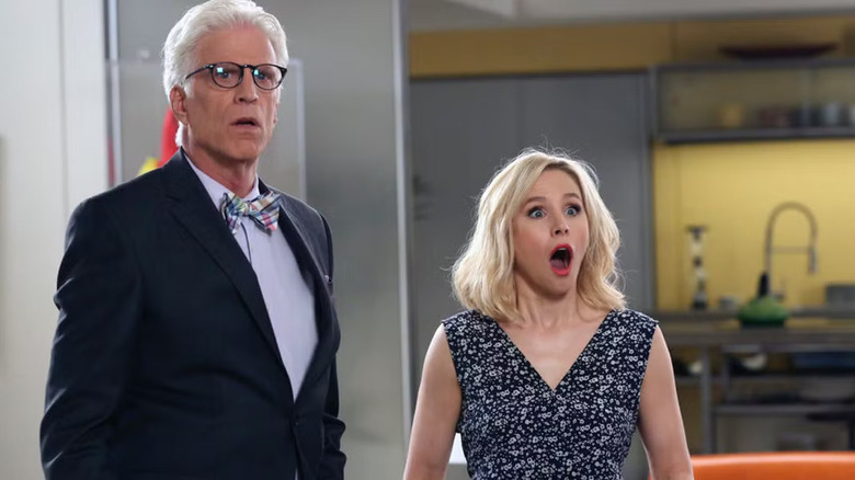 Michael and Eleanor looking surprised in The Good Place