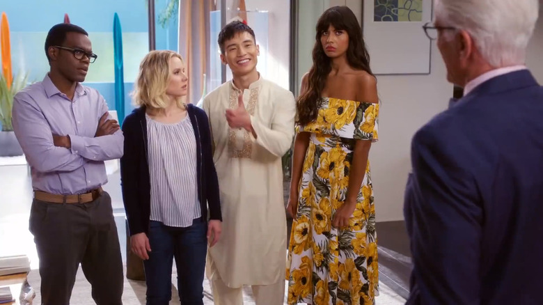 Chidi Eleanor Jason and Tahani talking to Michael on The Good Place