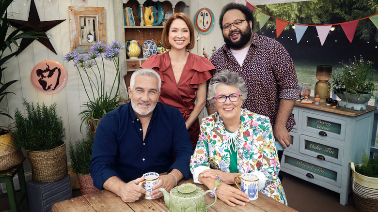 Zach Cherry, Ellie Kemper, Paul Hollywood and Prue Leith in The Great American Baking Show