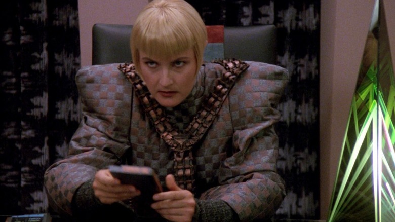 Sela at her desk on Star Trek: The Next Generation
