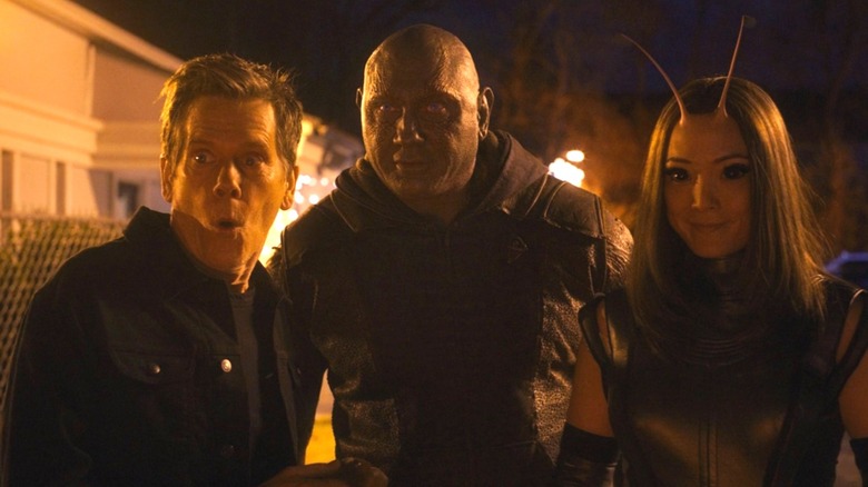 Kevin Bacon, Dave Bautista and Pom Klementieff in The Guardians of the Galaxy Holiday Special