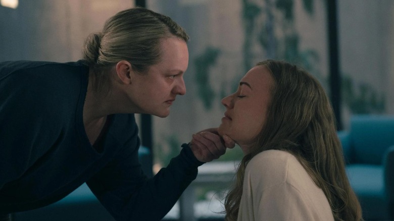Elisabeth Moss as June and Yvonne Strahovski as Serena in The Handmaid's Tale