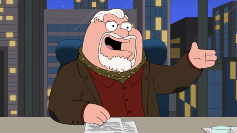 Peter Griffin with white hair and a goatee talking in Family Guy