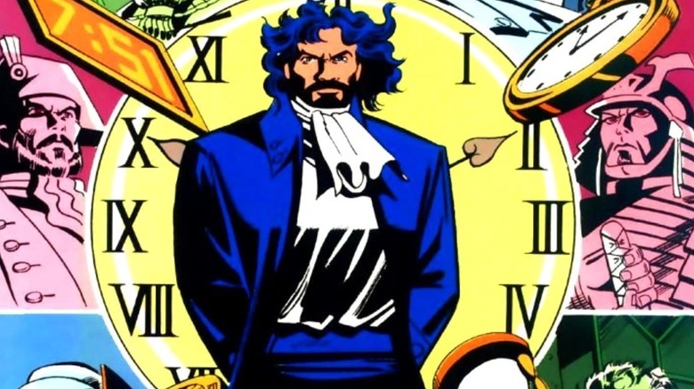 DC Comics cover showing Vandal Savage throughout time, his previous personas divided across panels with a clock in the center
