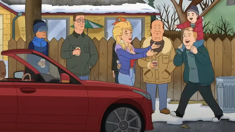 The King of the Hill gang hanging out in the alley while Bobby brings toddler G.H. to his mom in the revival opening