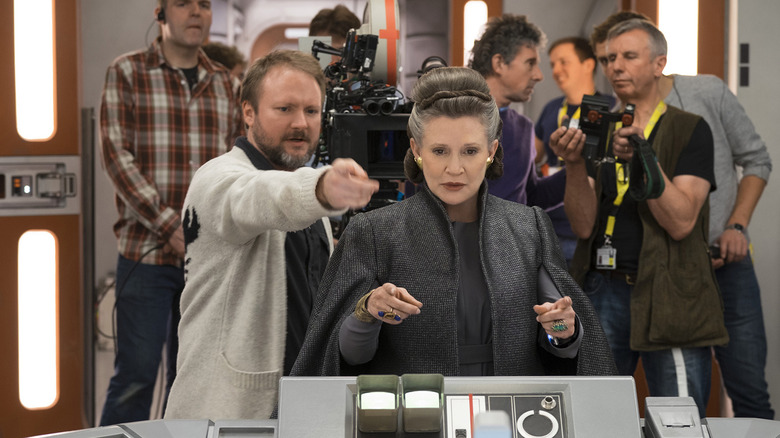 Rian Johnson directing Carrie Fisher as General Leia Organa in Star Wars: The Last Jedi